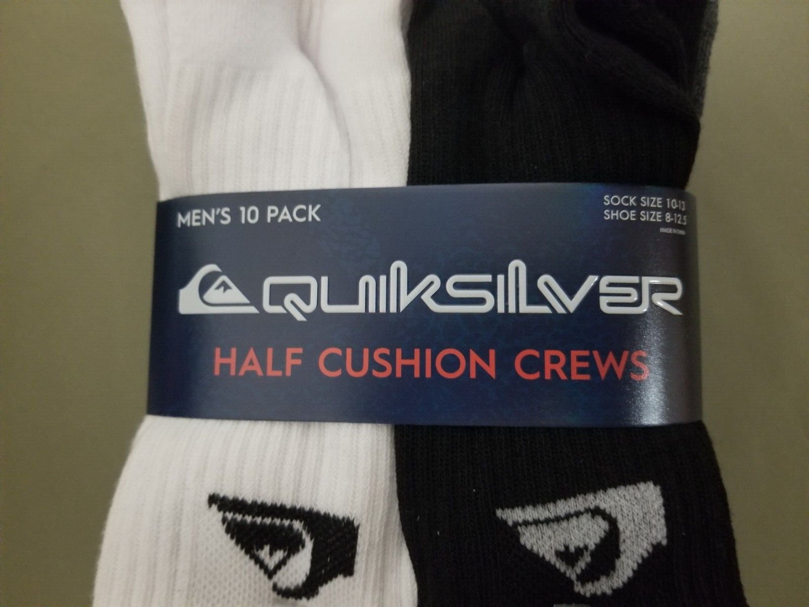 New Quiksilver Mens 10 Pack Half Cushion Crew Socks.