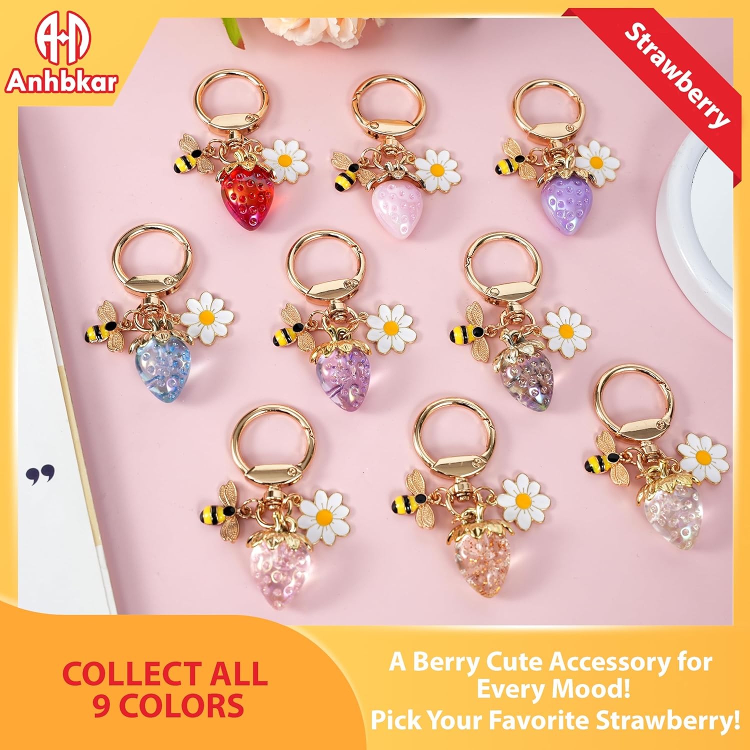 Strawberry Bag Charm with Flower & Bee for Handbags or Wallet - Cute Strawberry
