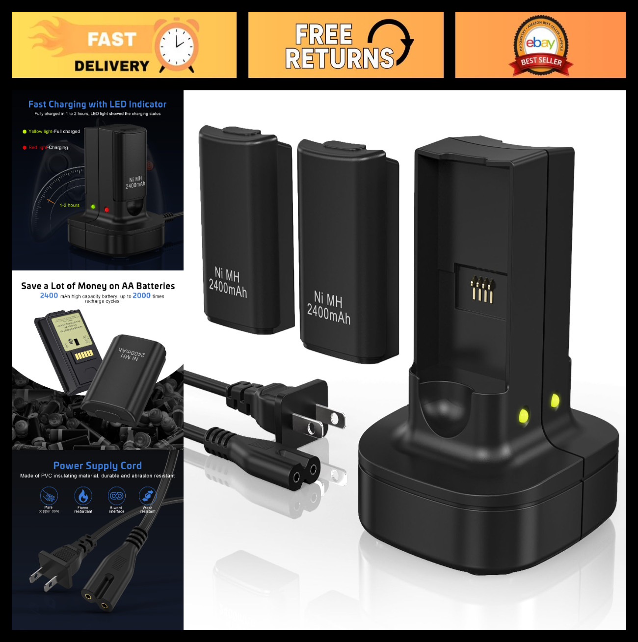 Rechargeable Battery Pack for Xbox 360 Controller - Dual Charging Dock Station,