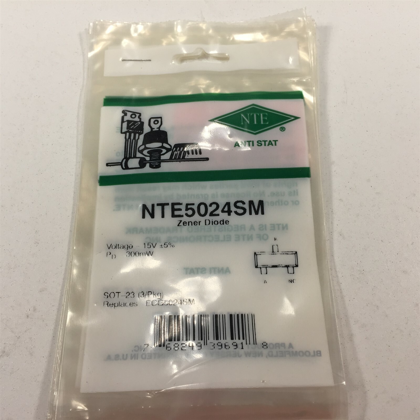 (3) NTE5024SM Zener Diode, 300mW - Lot of 3