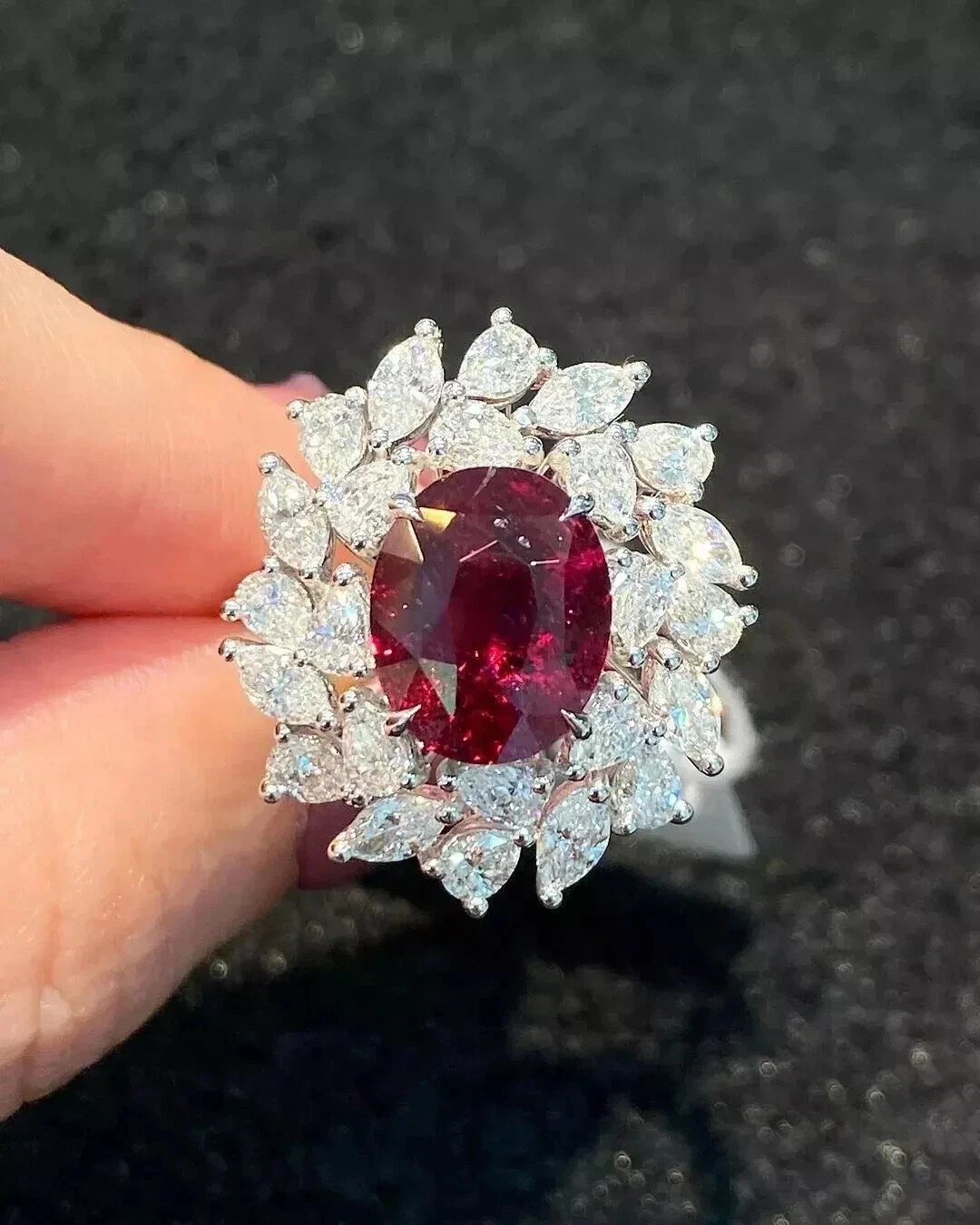 7.32 Ct Oval Cut Certified Natural Ruby & Diamond Engagement Ring 14K White Gold