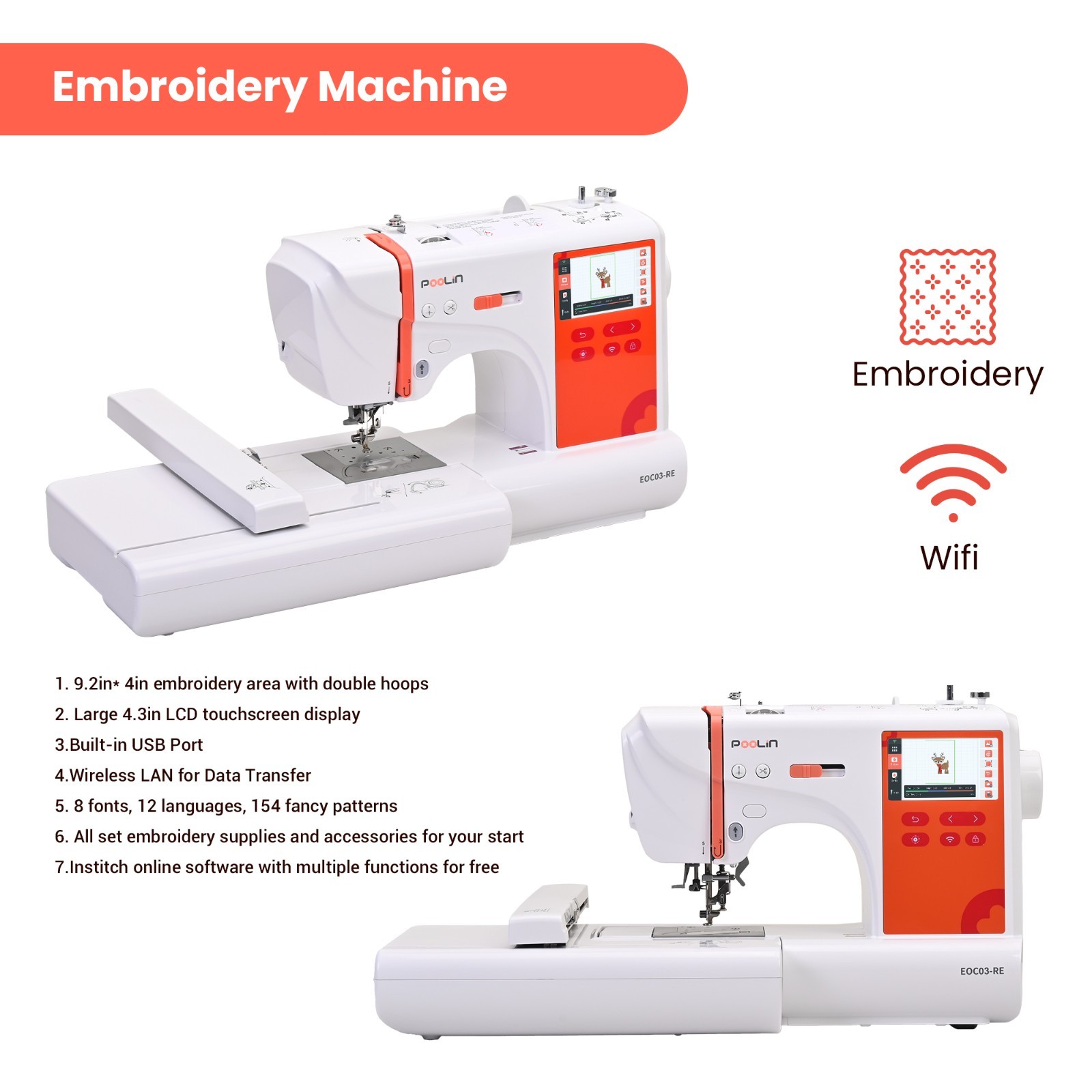 POOLIN EOC03-RE RED Embroidery Machine 4 x 9.25 In Embroidery Area Computerized.