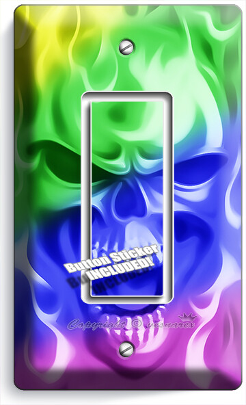 RAINBOW FLAMES BURNING SKULL 1 GFCI LIGHT SWITCH WALL PLATE BIKER MAN CAVE DECOR