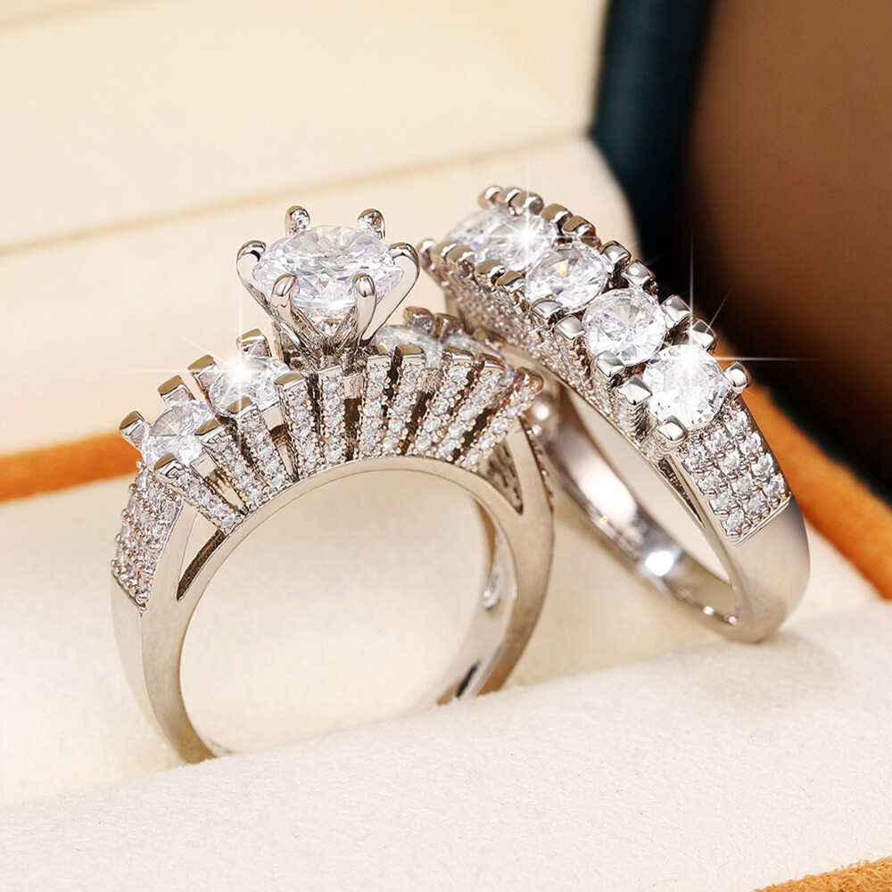Gorgeous 925 Silver Rings 2pcs/set Women Cubic Zirconia Jewelry Size 6-10
