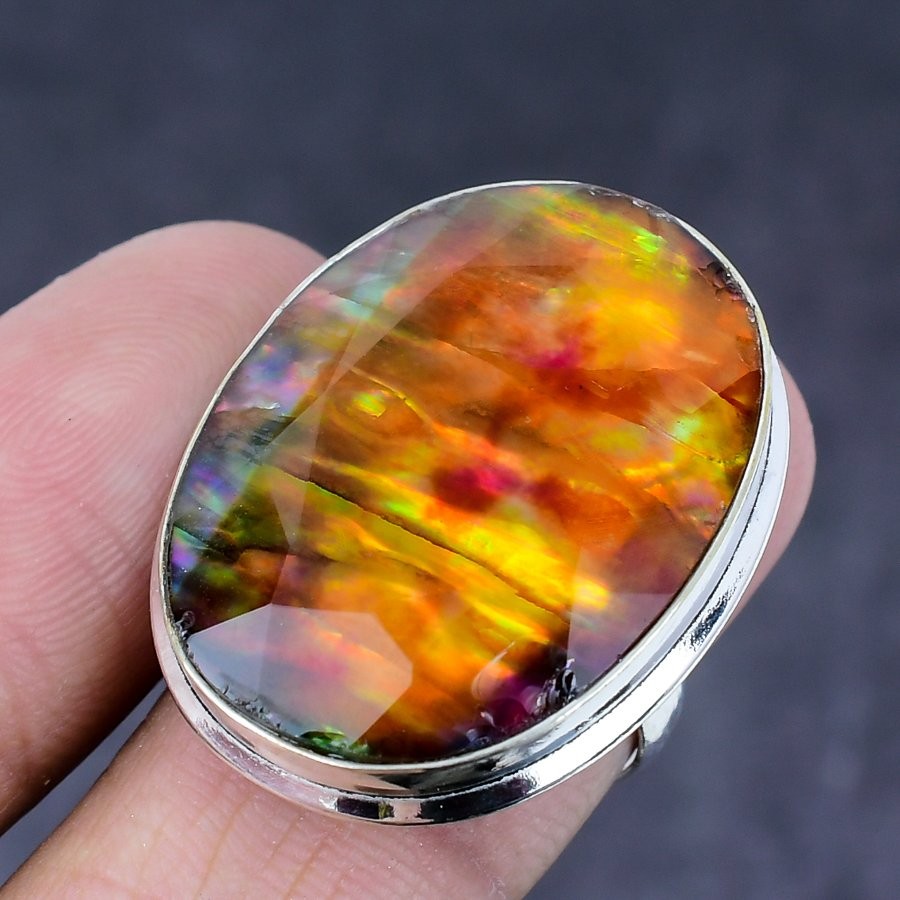 Natural Ammolite Gemstone Handmade 925 Steling Silver Jewelry Ring Size 8 t481