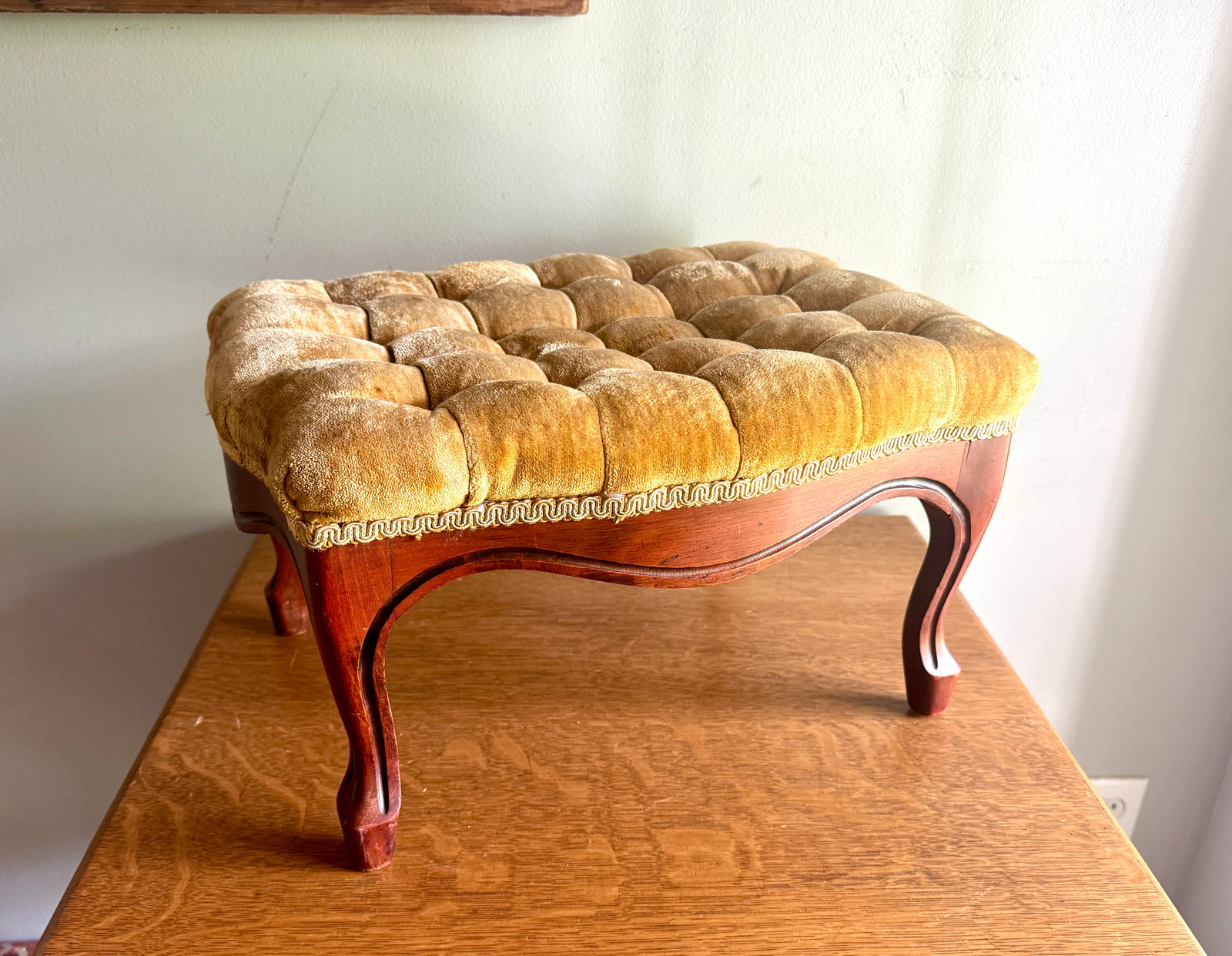 Antique French Country Style Button-Tufted Gold Velvet Cushion Foot Stool