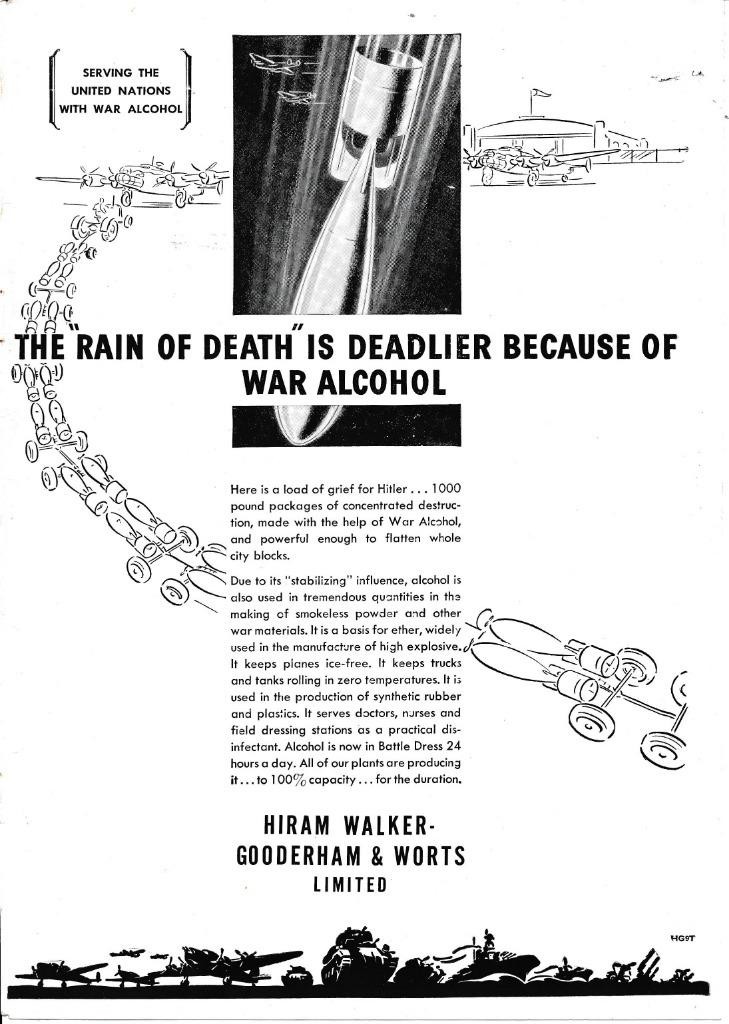 Canadian Magazine Ad - 1943 - War Alcohol - Hiram Walker - World War II