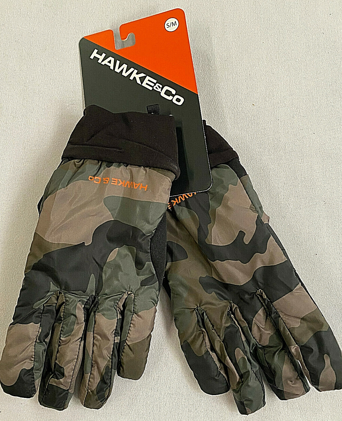 MENS HAWKE & CO LIGHTWEIGHT TOUCHSCREEN FINGERTIP NYLON SHELL GLOVES, CAMO
