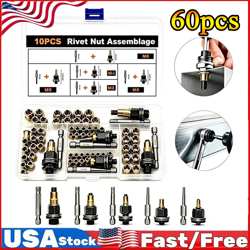 60PCS Head Rivet Nut Tool M3-M8 Carbon Steel Rivnut Set Threaded Rivet Nut Kit