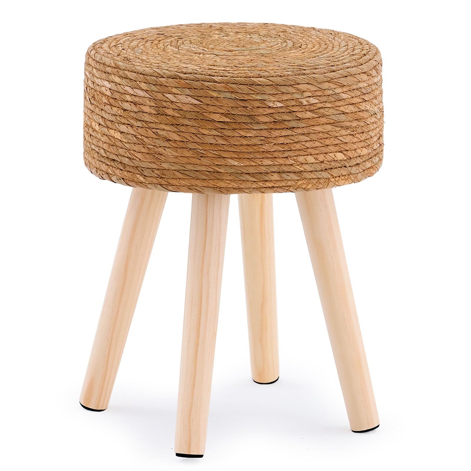 Handwoven Outdoor Ottoman, Water Hyacinth Pouf Round Patio Footstool with Woo...