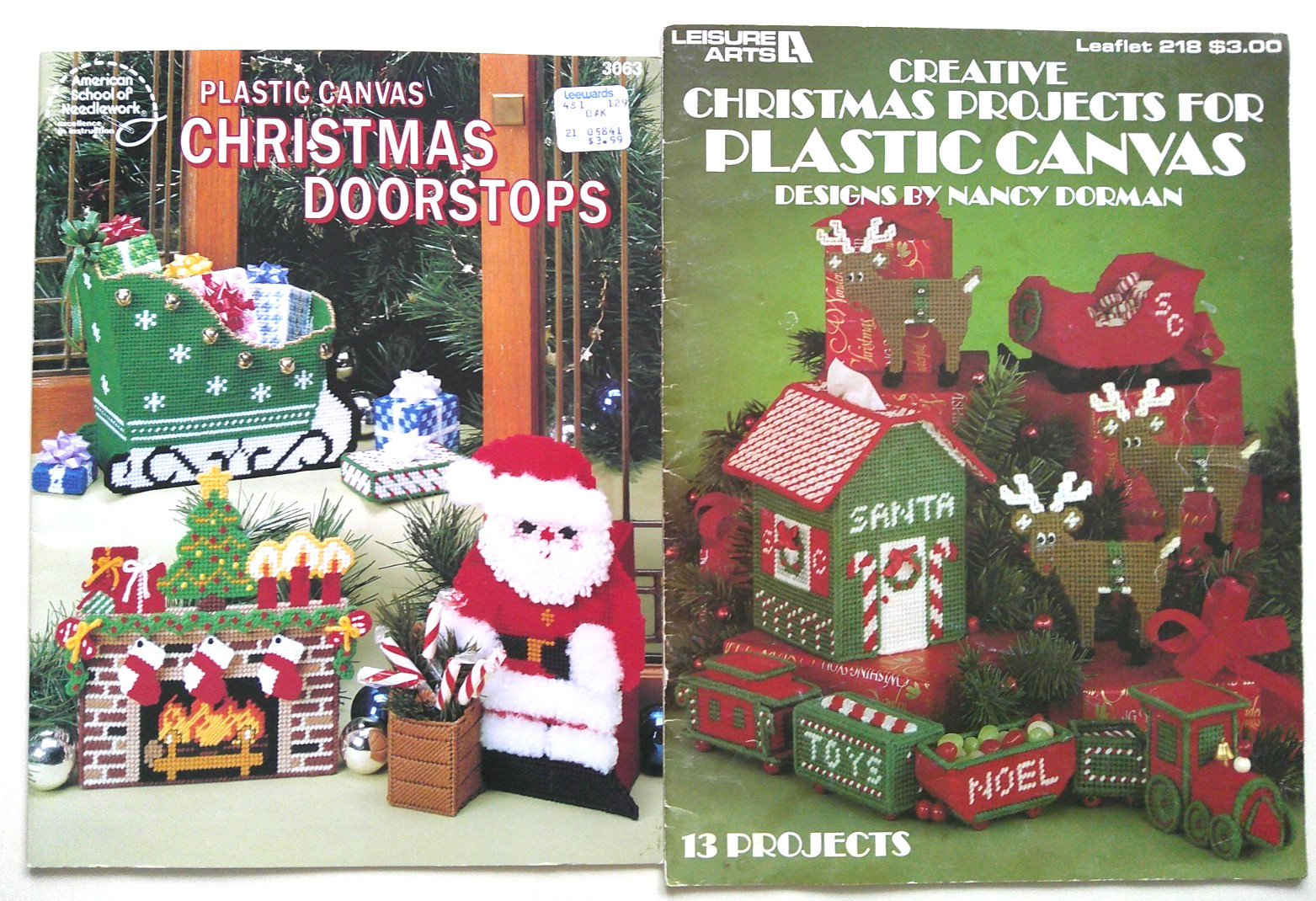 Lot of 2 Christmas plastic canvas pattern booklets holiday decor doorstops