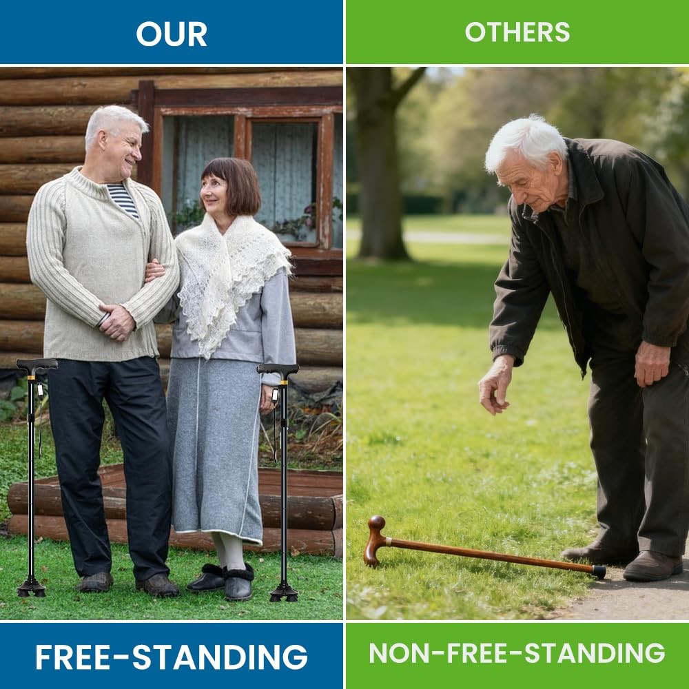 Quad Walking Cane Adjustable Foldable 4 Prong Base Walking Stick