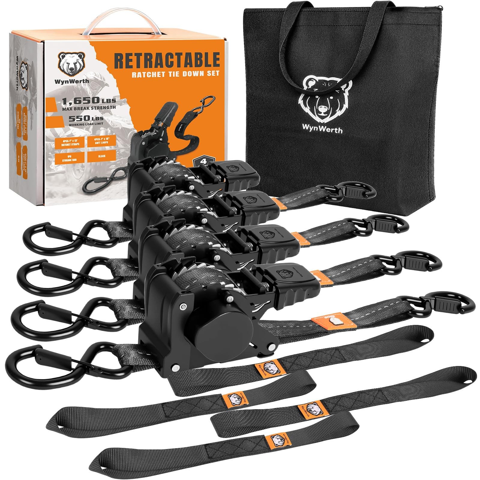 Retractable Ratchet Straps 1650lb Break Strength(4 Pack), 1" x 13FT, Black