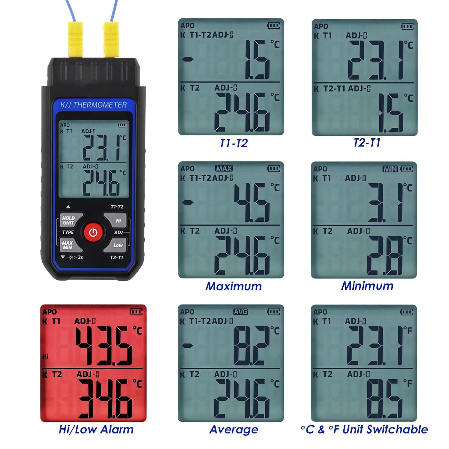 Professional Dual-Channel K/J Thermocouple Thermometer, Range -328°F to 2501°F