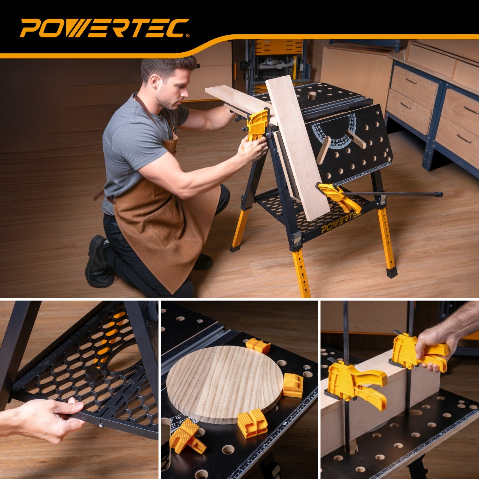 POWERTEC 2-in-1 Folding Work Table & Sawhorse 1000lb Capacity Portable Workbench