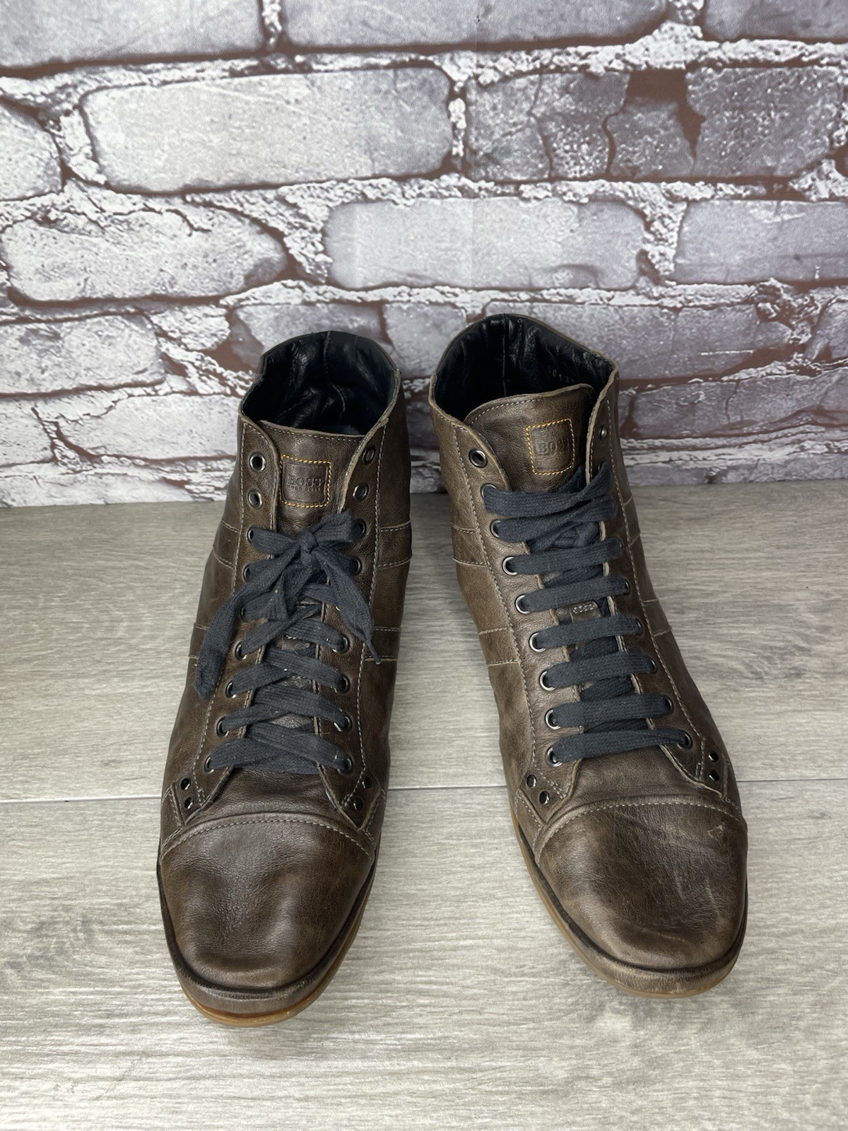 Hugo Boss Men Sz 43 US 10 Brown Leather High Top Fashion Lace Up Sneakers Shoes