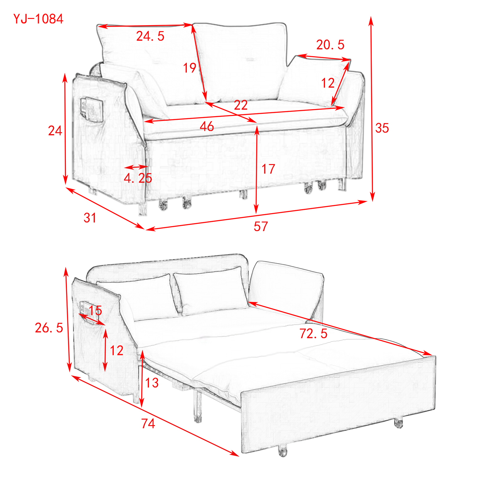 57" Adjustable Sofa with Pull Out Bed Velvet Loveseat 2 Seat Love Seat Sofa