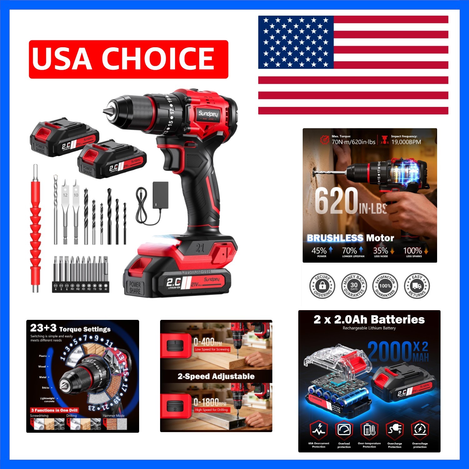 620In-lbs Brushless Cordless Drill Set, Electric Power Drill Set | 2 x 2.0Ah ...