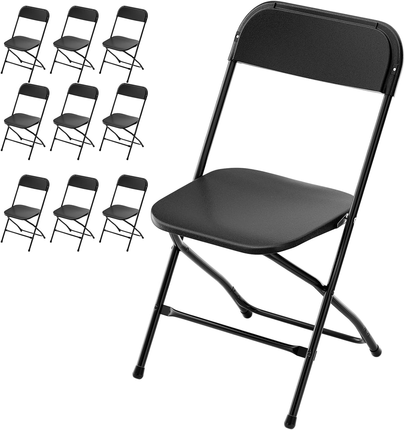 Bonnlo Folding Chairs Set of 10, Black Plastic Chair Sturdy Seat with Metal Fram