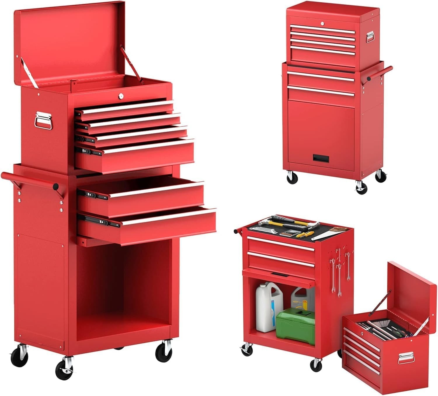 6 Drawers Rolling Tool Chest Tool Box Lockable Tool Storage Cabinet 2-IN-1