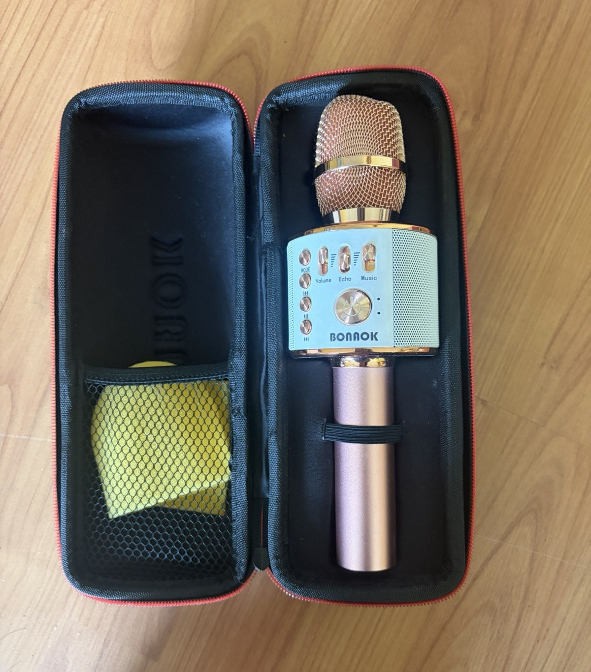 BONAOK Bluetooth Karaoke Mic w/ Speaker, TF Slot, 3.5mm, Gold/Pink