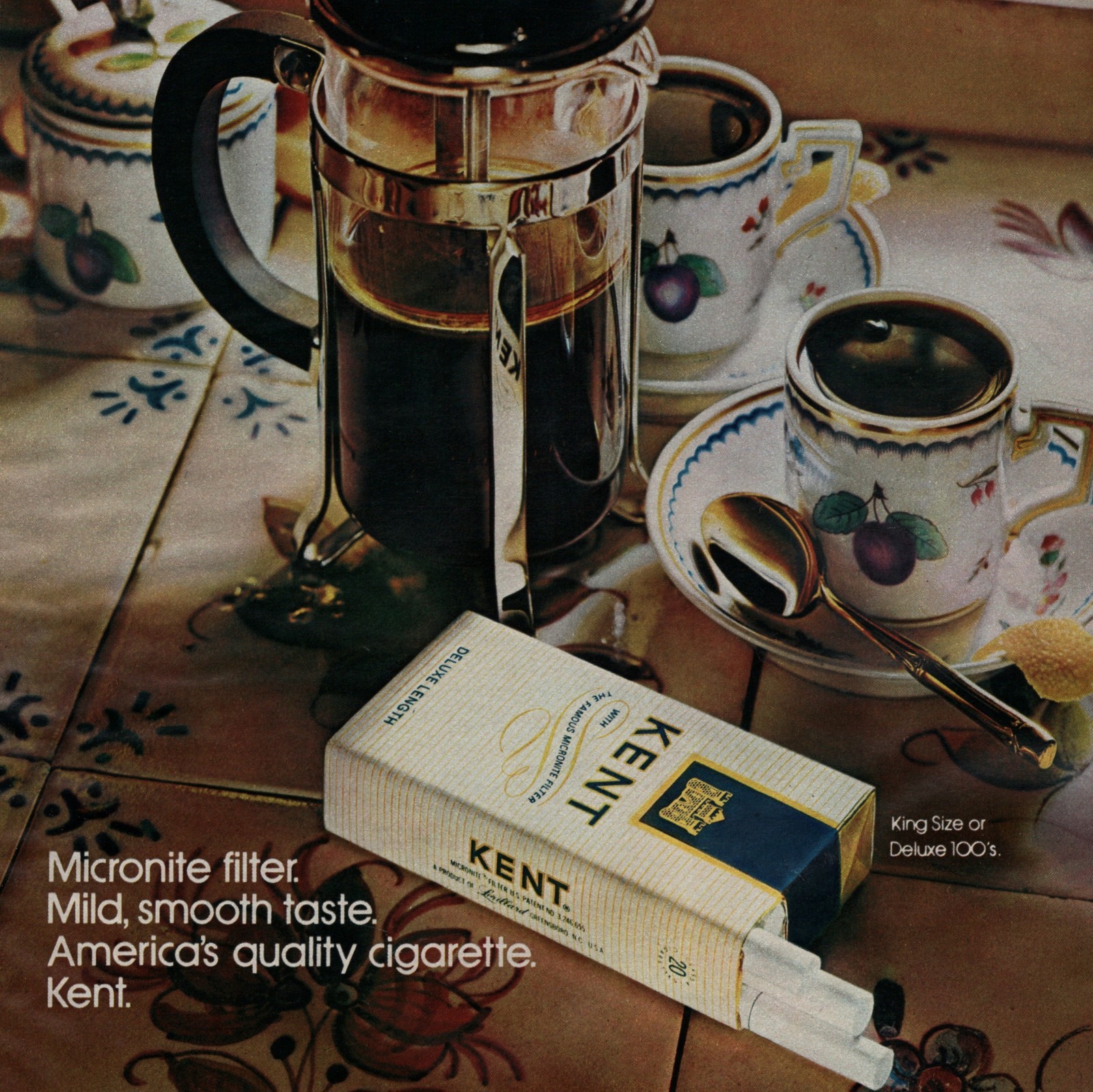 Coffee & Cigarettes 1975 Print Ad Kent Tobacco 1970s French Press Cafetière VTG.