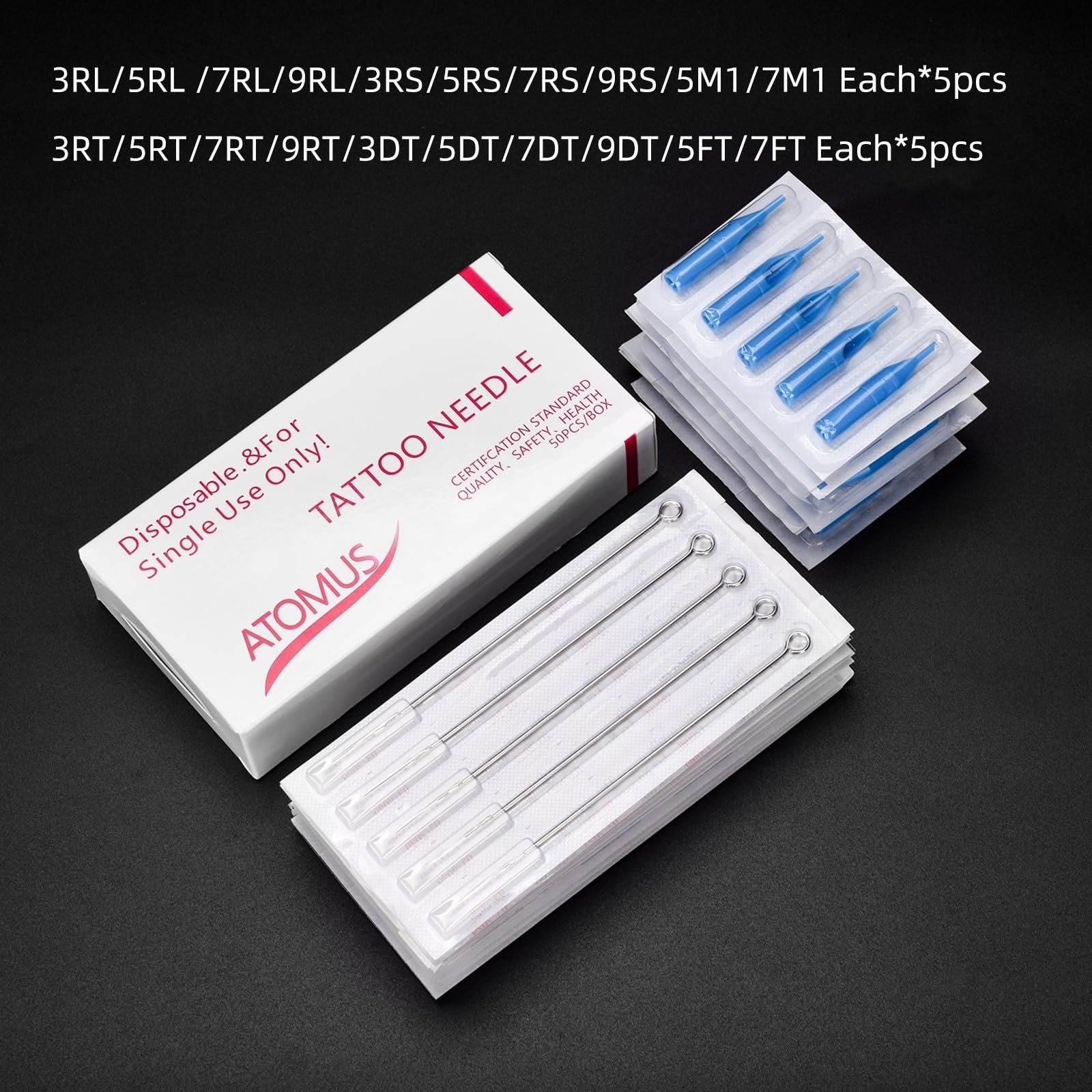 Tattoo Needles & Tips Set, ATOMUS 50pcs Disposable Mixed 100 Piece Set