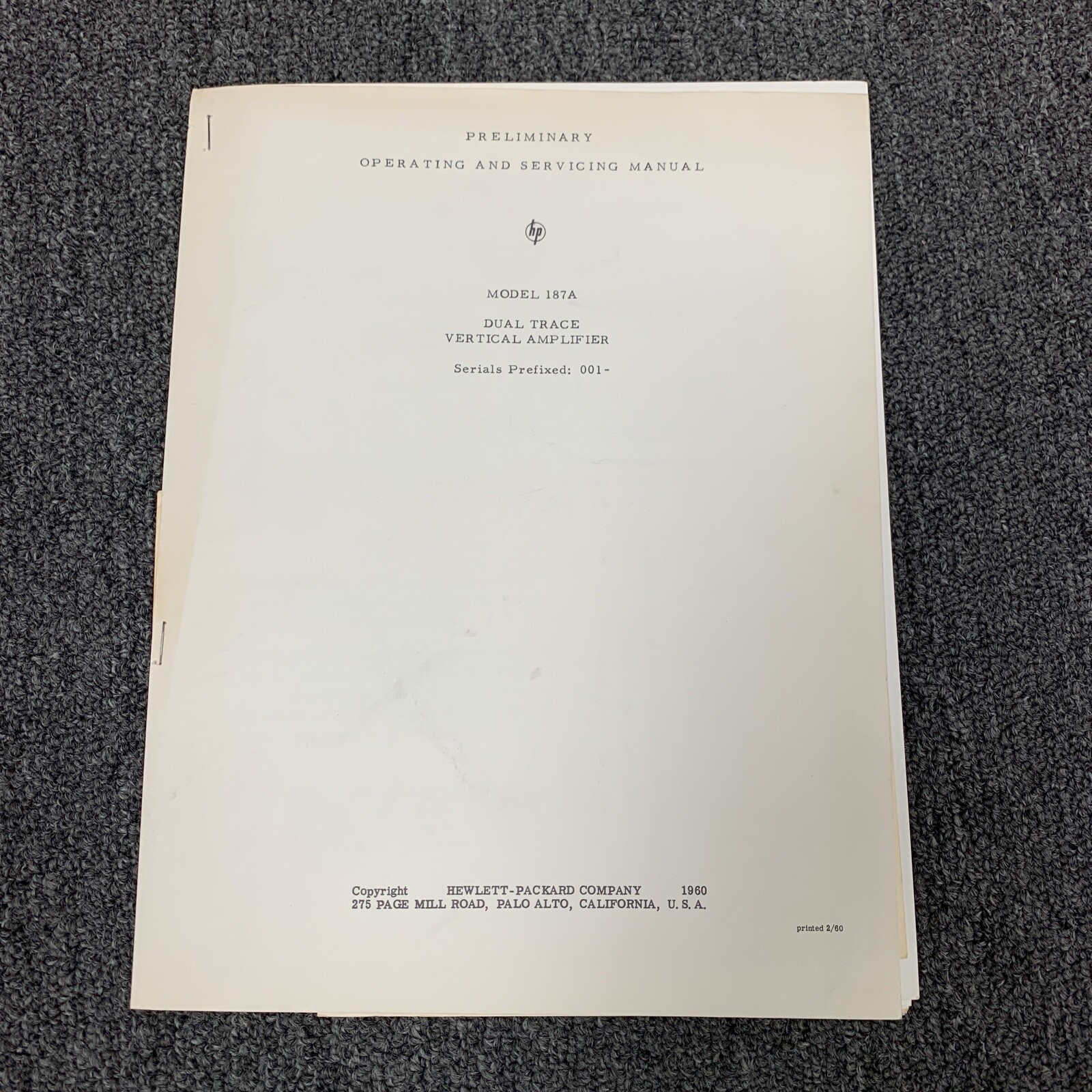 HP 187A Dual Trace Vertical Amplifier ~ Operating & Servicing Manual Serial 001-