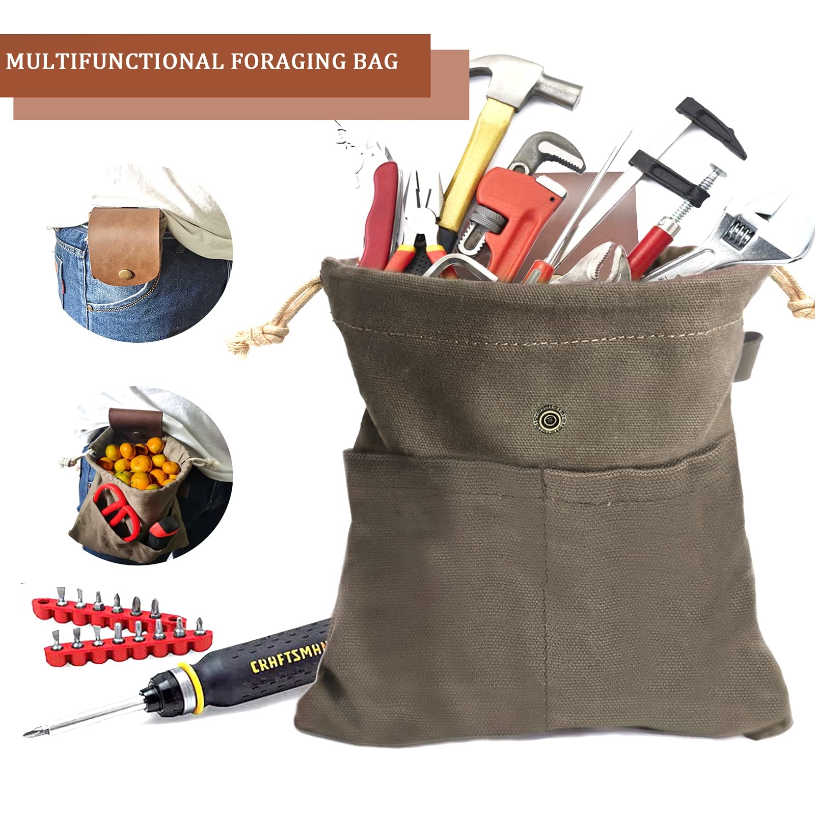Foraging Pouch Leather Canvas Collapsible Bag Water Resistant 8.66", Green