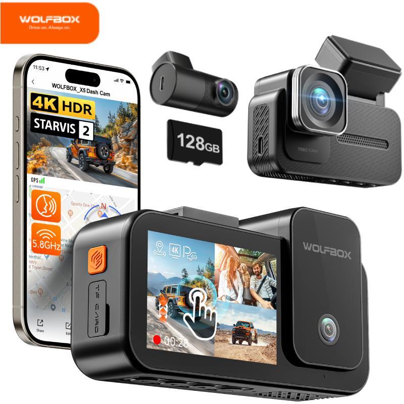 WOLFBOX 3 Channel 4K Dash Cam,STARVIS 2 IMX678 Voice Control Included 128GB Card