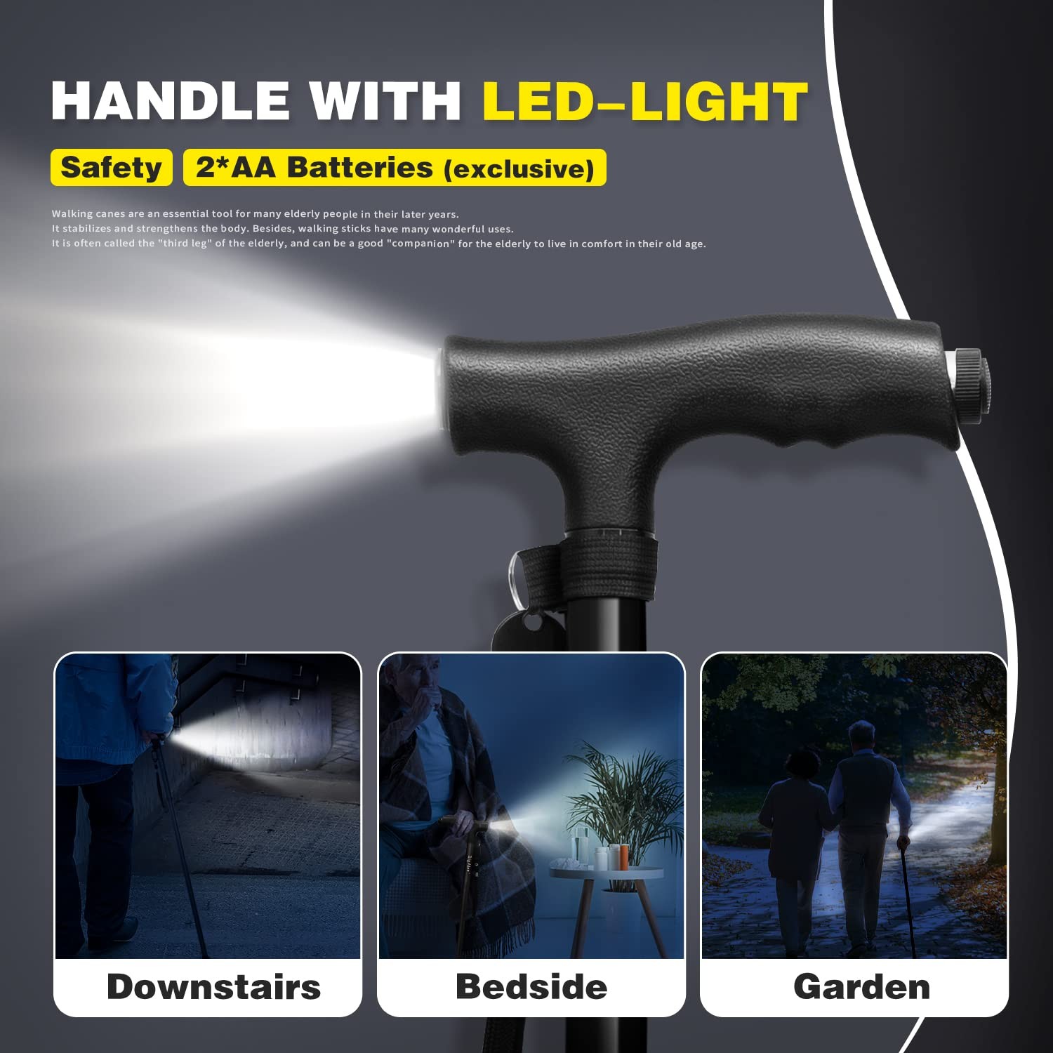 Folding Walking Cane with LED Light,Pivoting Quad Base,Adjustable Walking Sti...