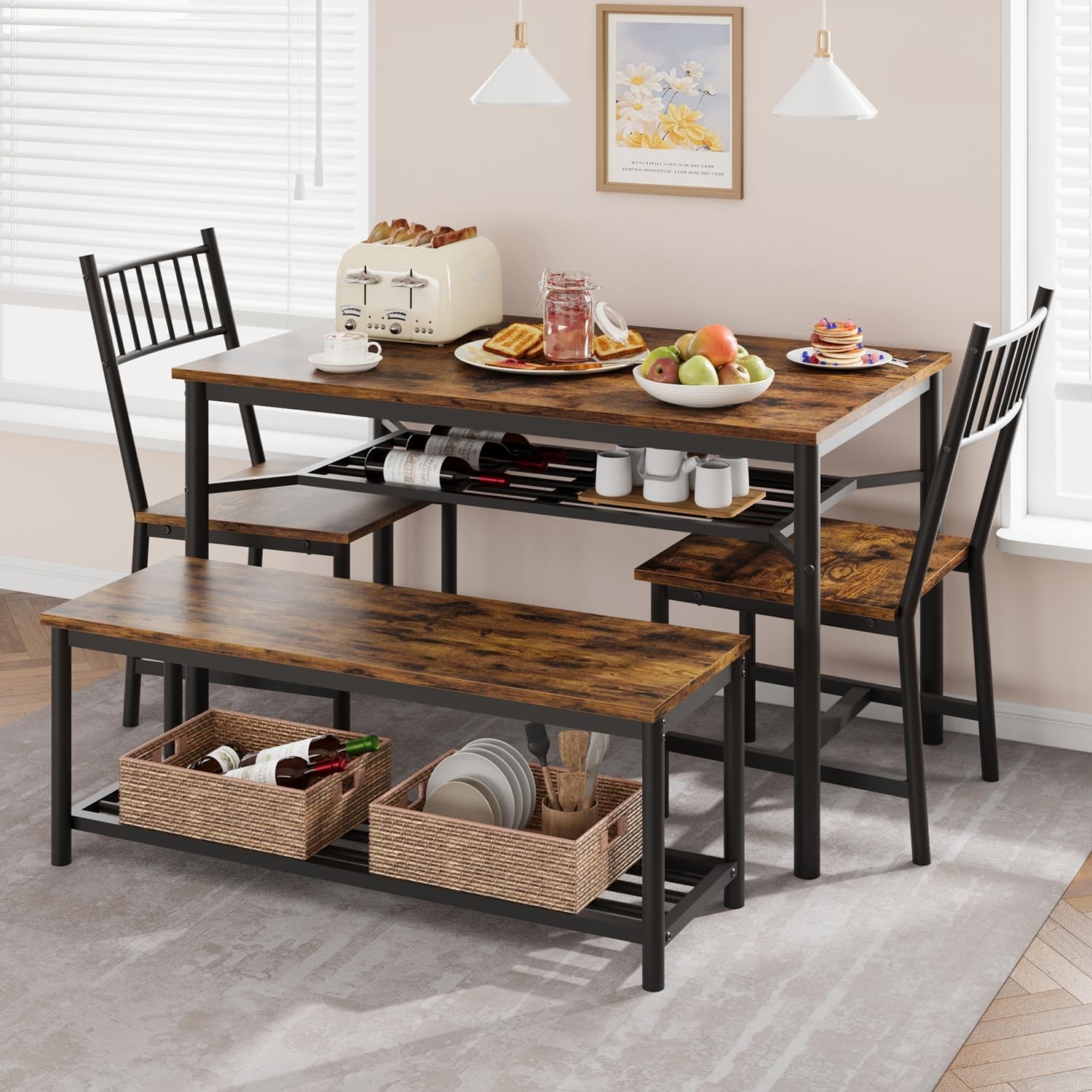 Dining Table Set 4 Kitchen Table & Chairs 4 W/ Wine Rack Rectangular Dining Room