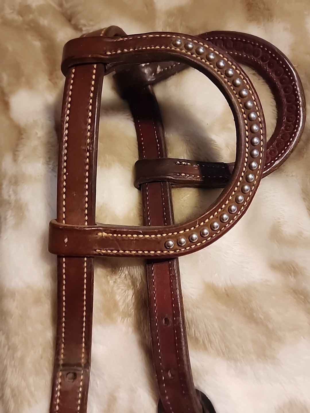 Double Eared Silver Dot Western Bridle Headstall Med Brown Leather EUC