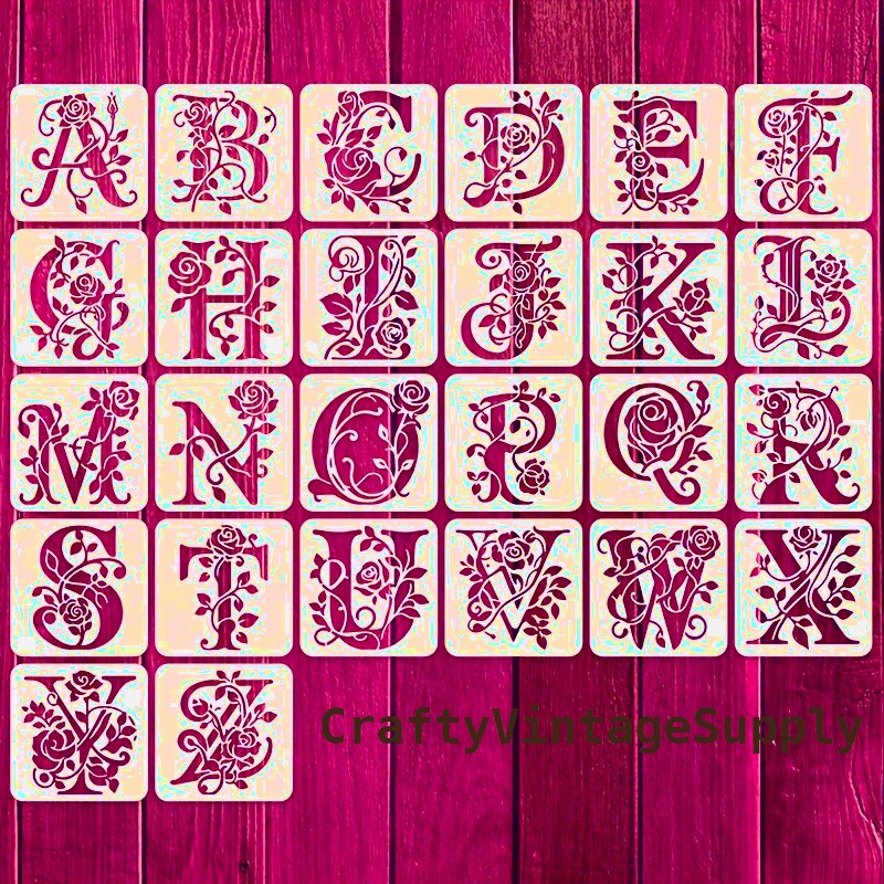 26pcs English Alphabet letters roses and leaves upper case stencils 4" x 4"