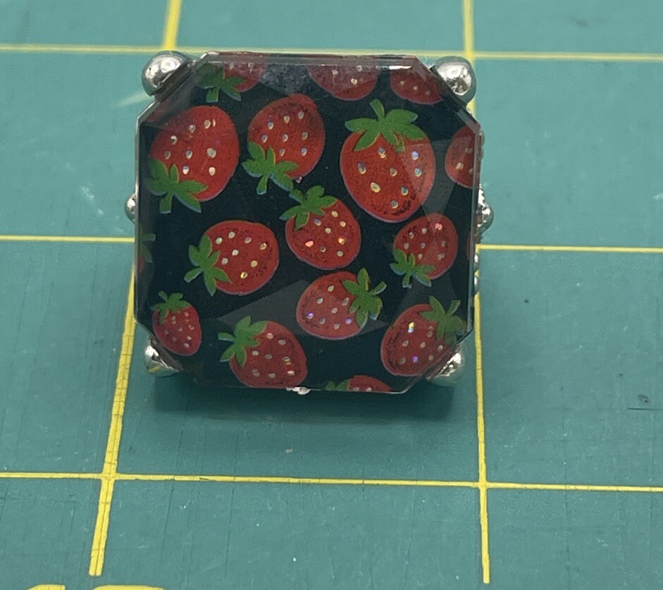 Silver Strawberry Square Enamel Ring Size 6.5