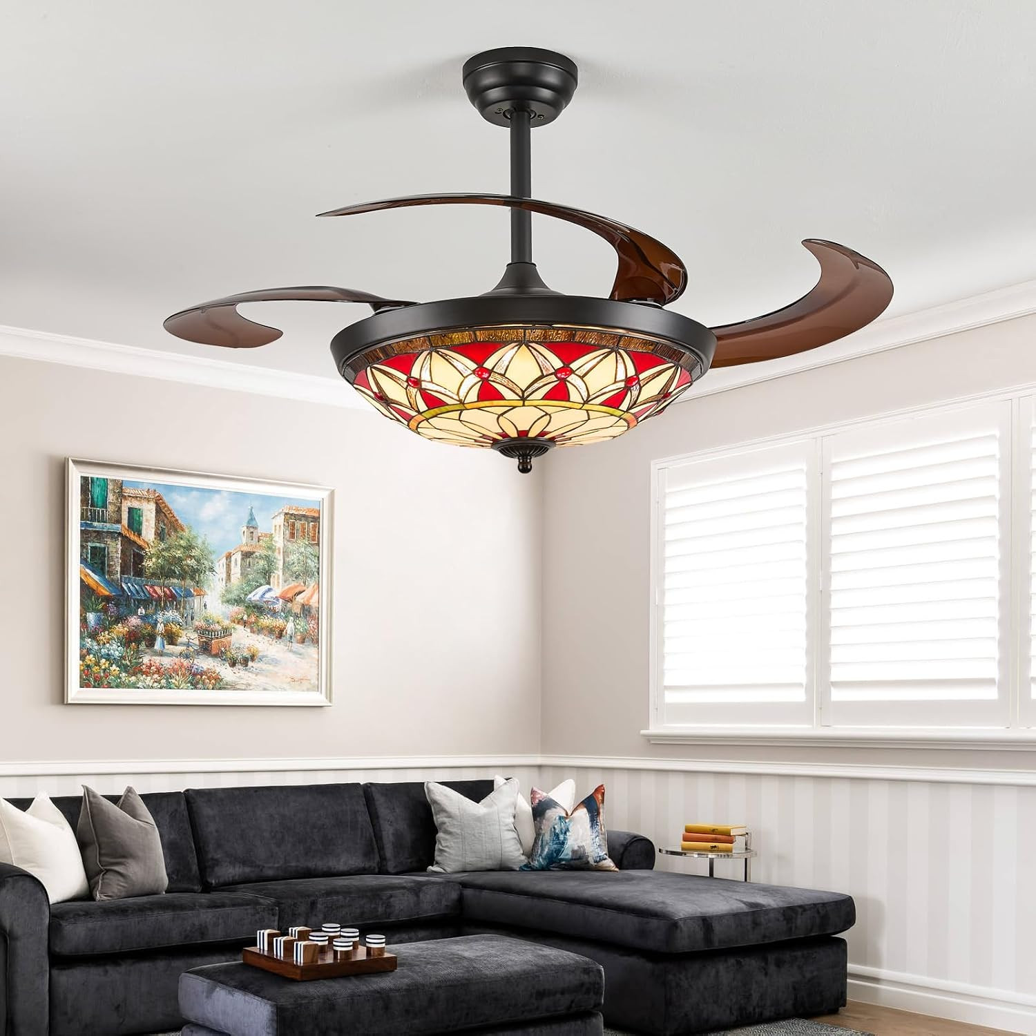 Ceiling Fan with Light - 48" Retractable Ceiling Fan with Remote, 4 Hidden Blade