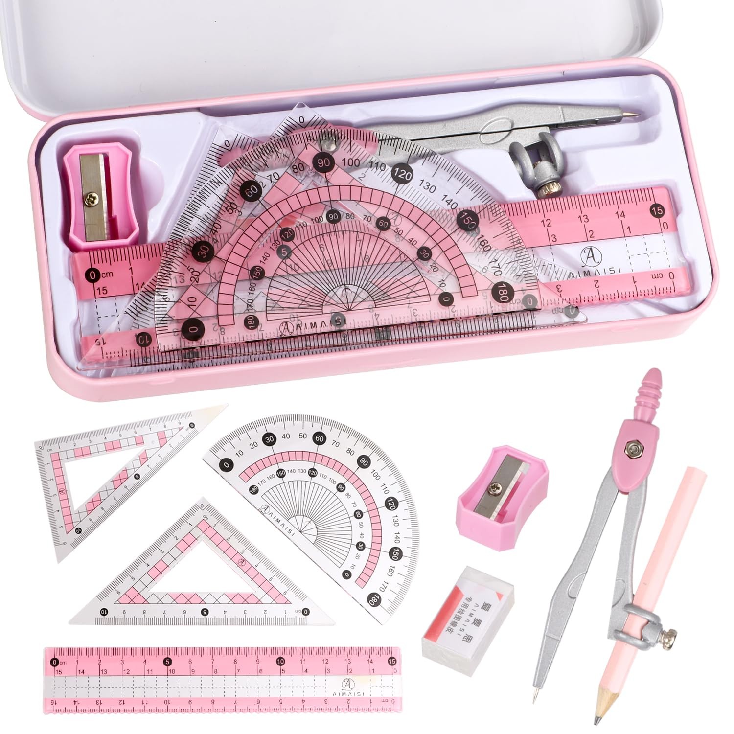 Compass Geometry Tool Protractor and Set with Metal Box Drawing Pink