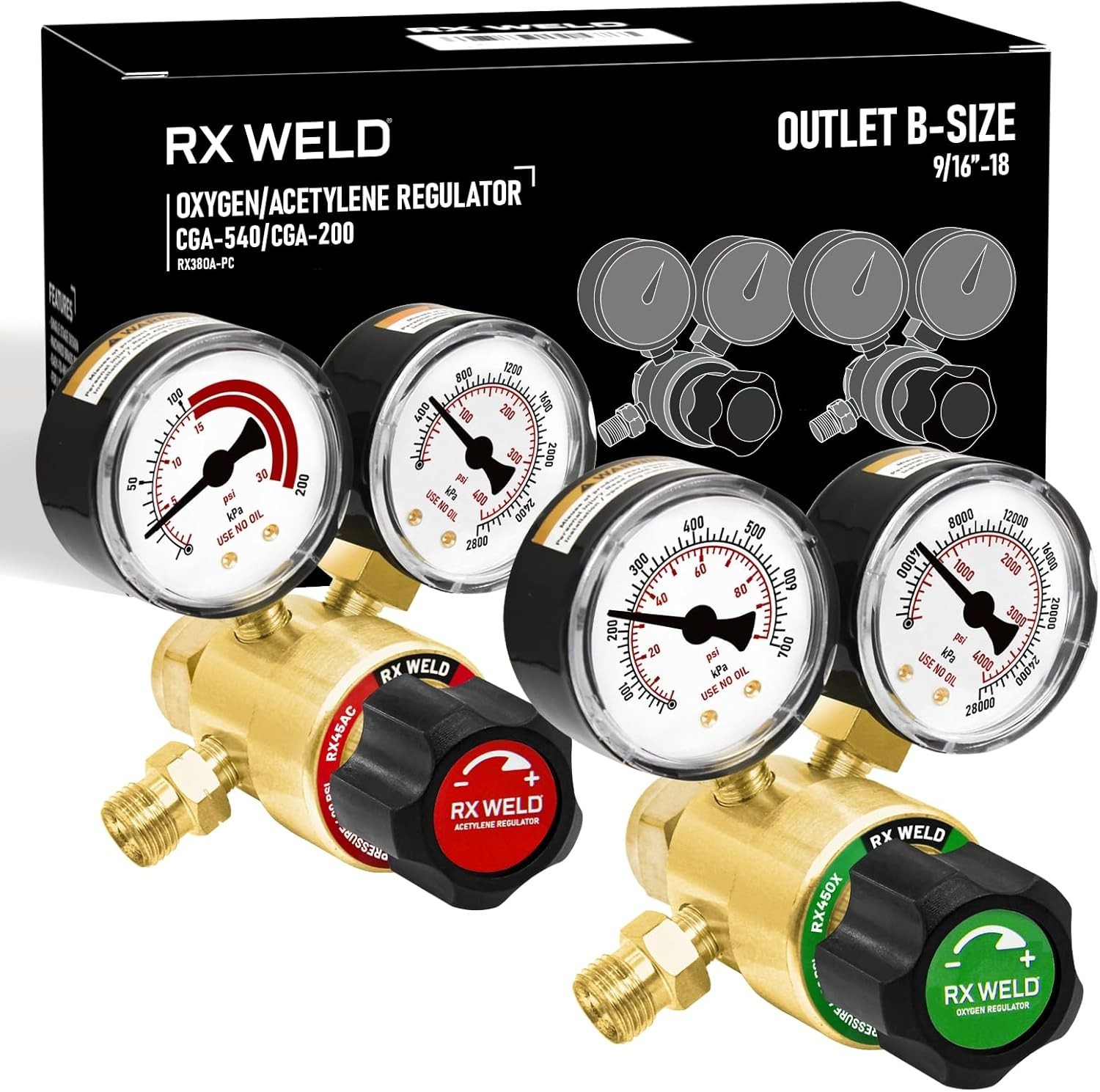 Oxygen and Acetylene Regulators, CGA540 and CGA200, Compatible with PC-Handle