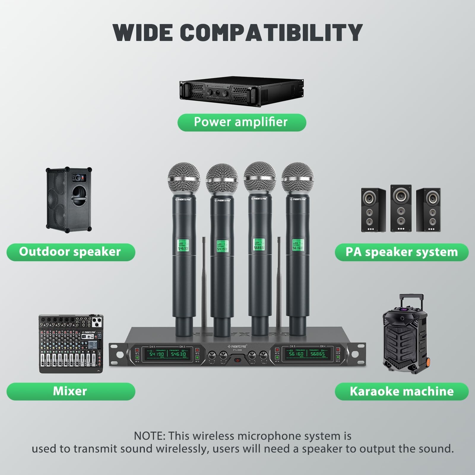 Phenyx Pro Wireless Microphone System, 4-Channel UHF Wireless Mic, Fixed Freq...