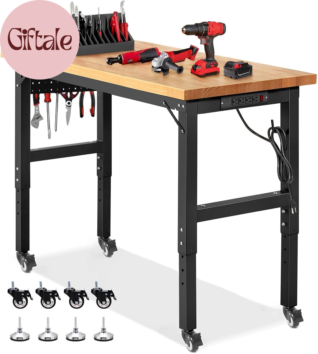Work Bench with Wheels 48 X 20 Inch Heavy Duty Rubberwood Tabletop Garage Workbe
