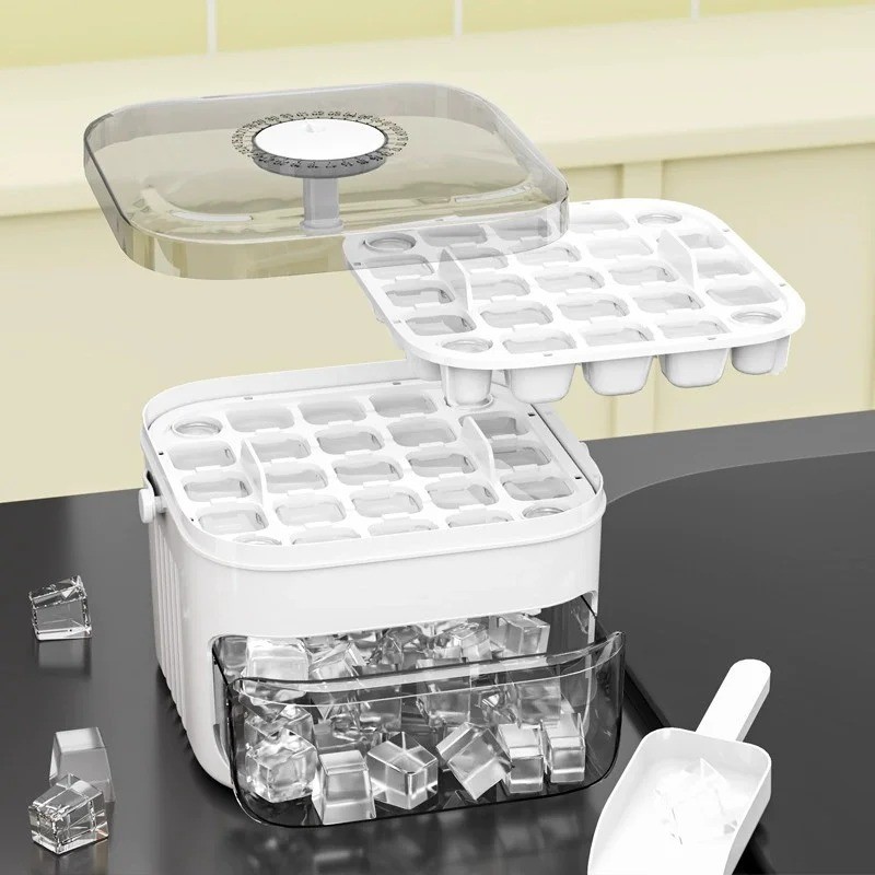 Double Layer Ice Cube Tray With Lid Portable Ice Maker Bin Pull Out Drawer