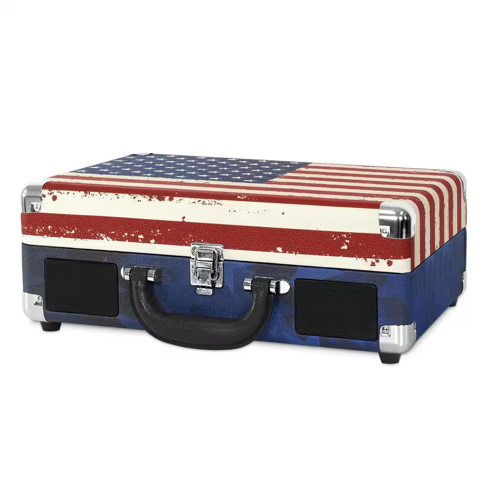 Bluetooth Suitcase Record Player with 3-Speed Turntable, US Flag