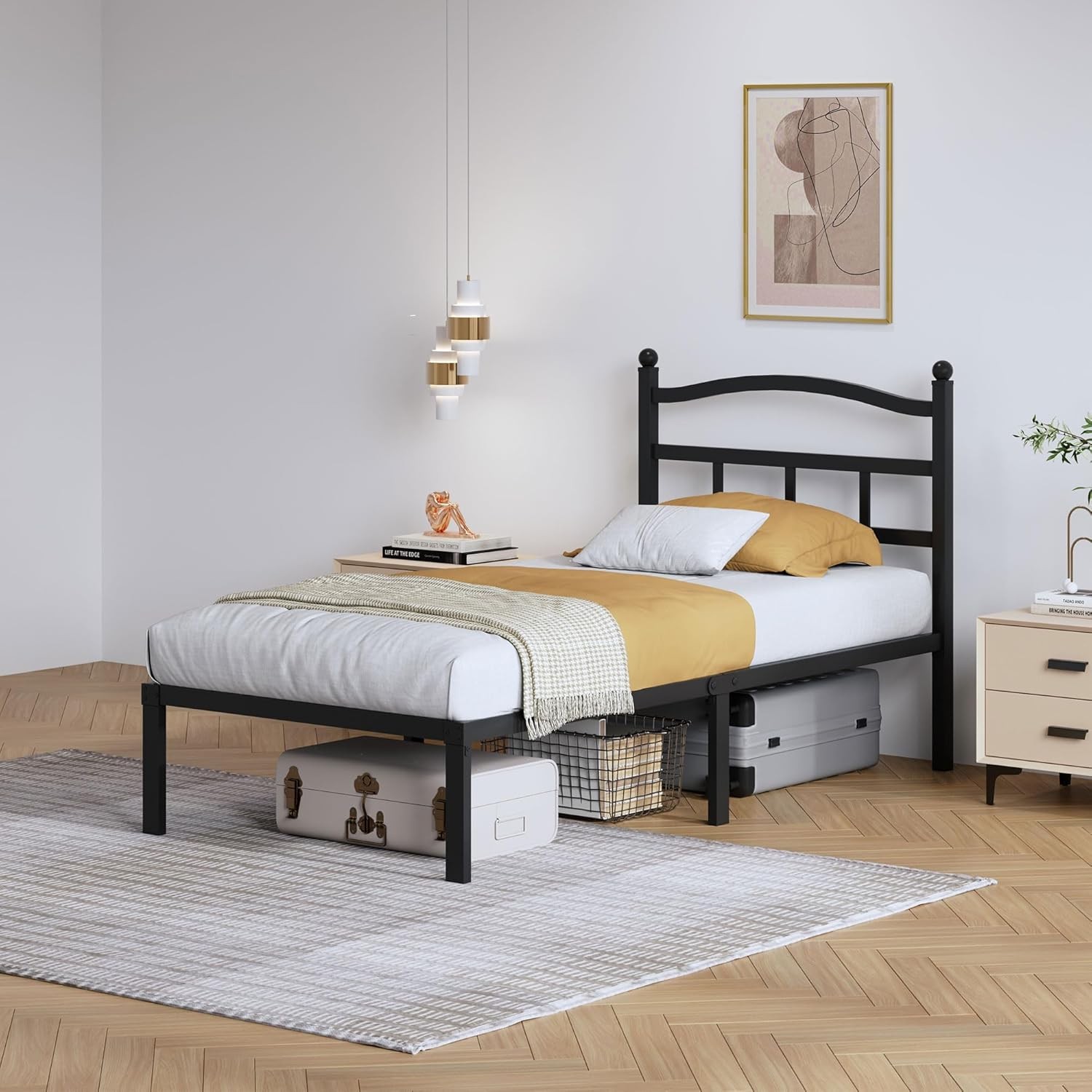 14 Inch Metal Bed Frame Twin Size Heavy Duty Bedframe W/ Headboard Black Basic