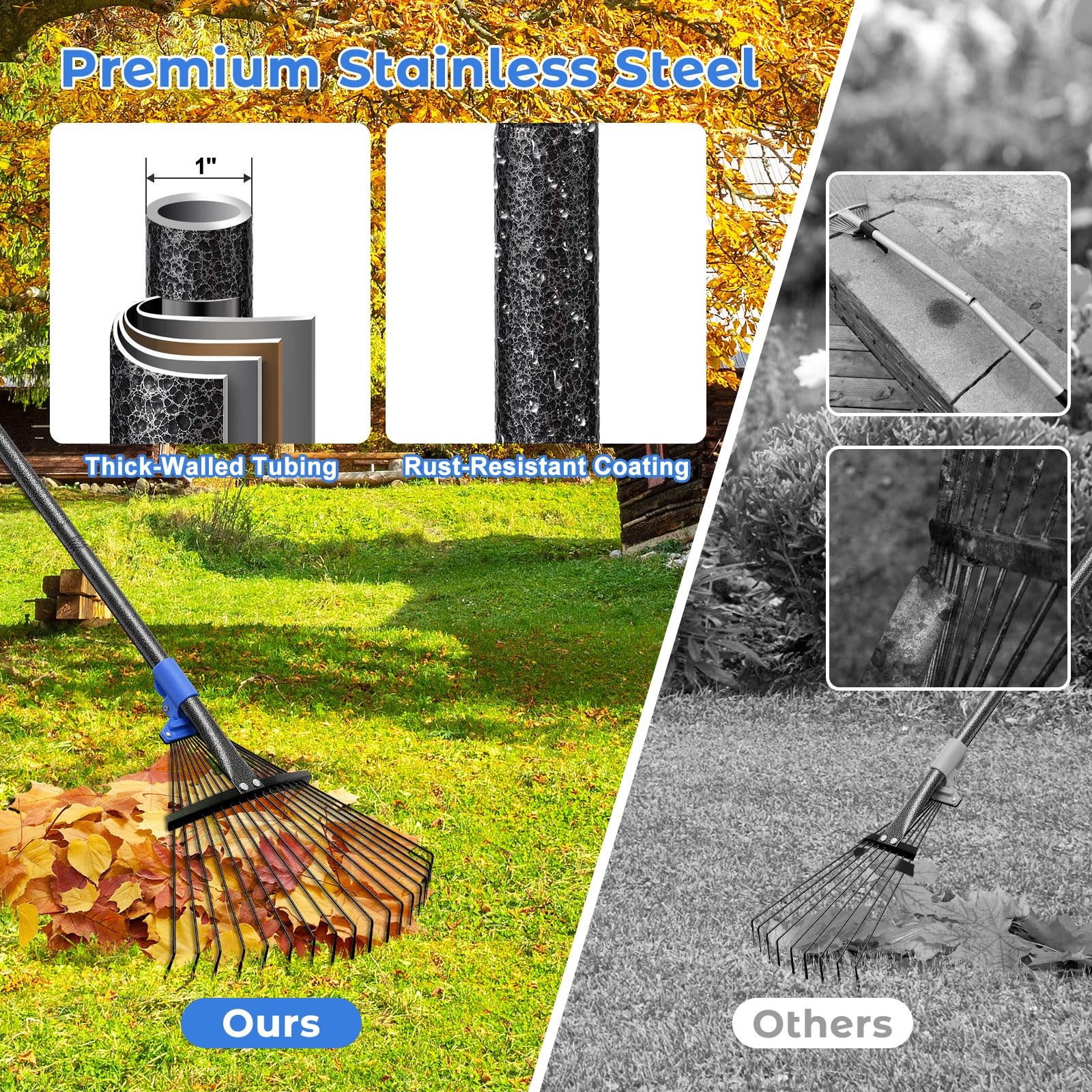 Adjustable Garden Rake for Leaves-Heavy Duty Metal Rake with 8-17" Expandable...