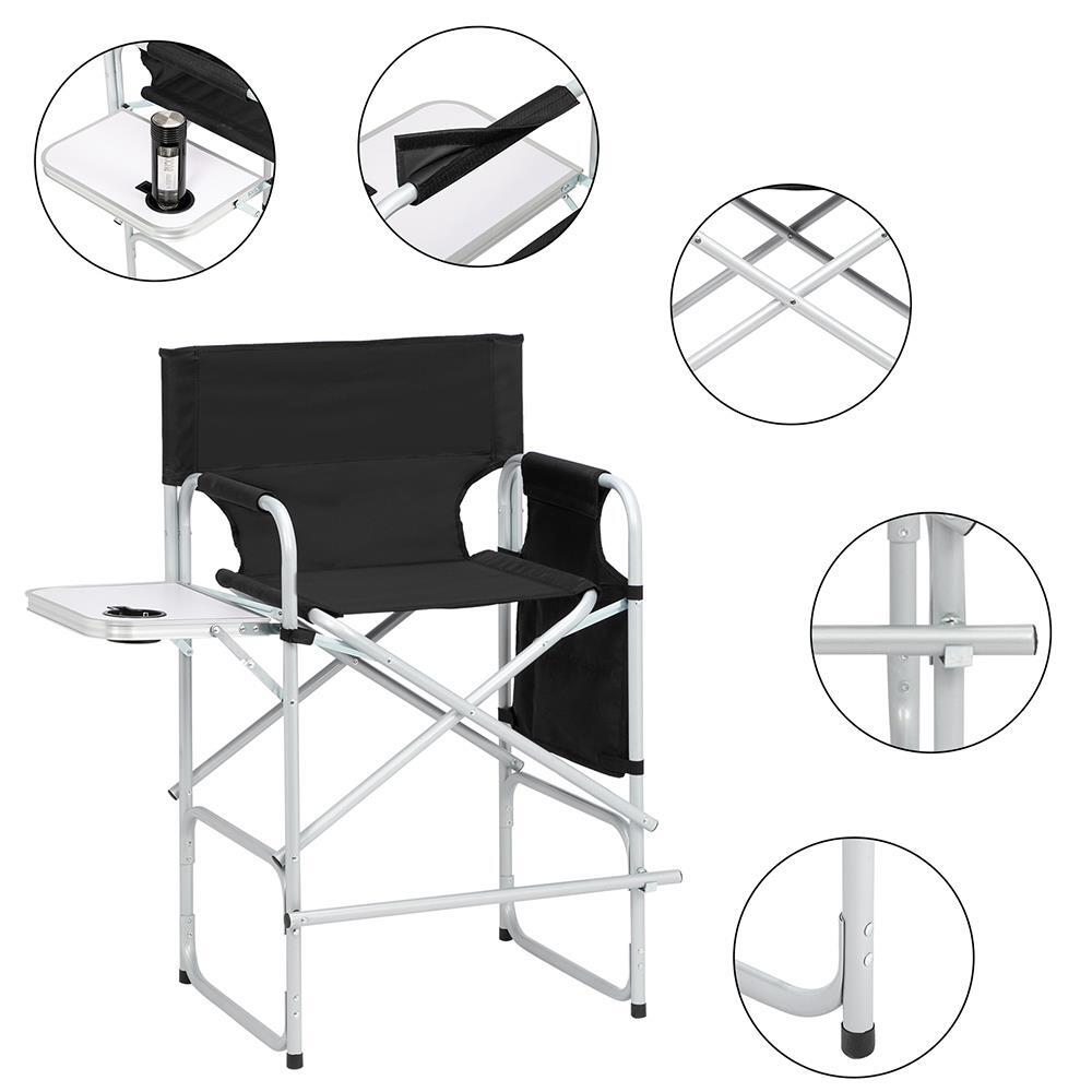 Tall Directors Chair Black Aluminum Folding Chair Outdoor Indoor With Cup Holder