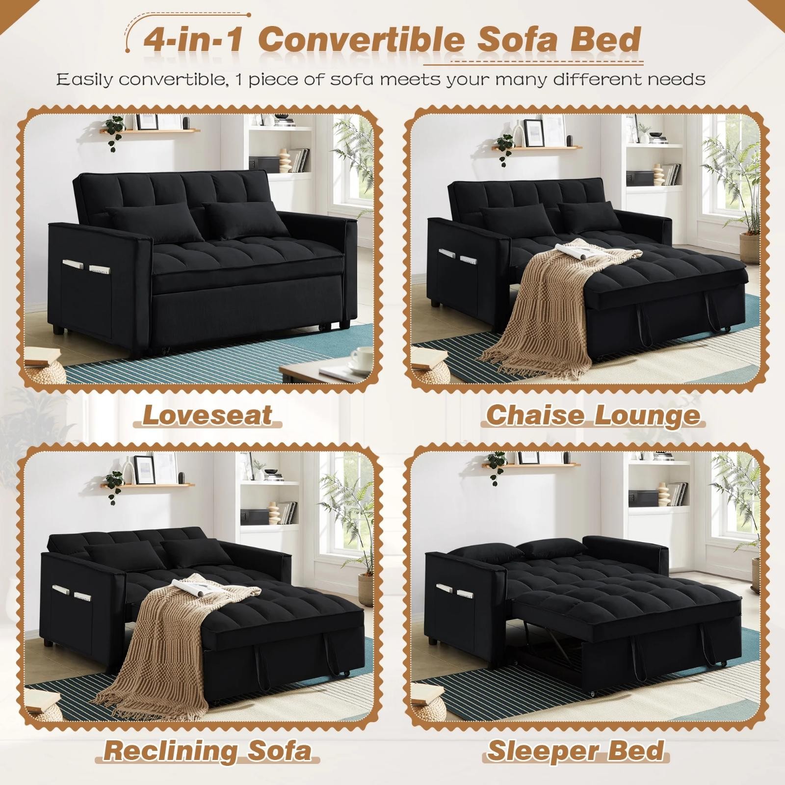 4-In-1 Convertible Pull Out Couch Futon Sofa Bed Loveseat Sleeper Velvet Tufted