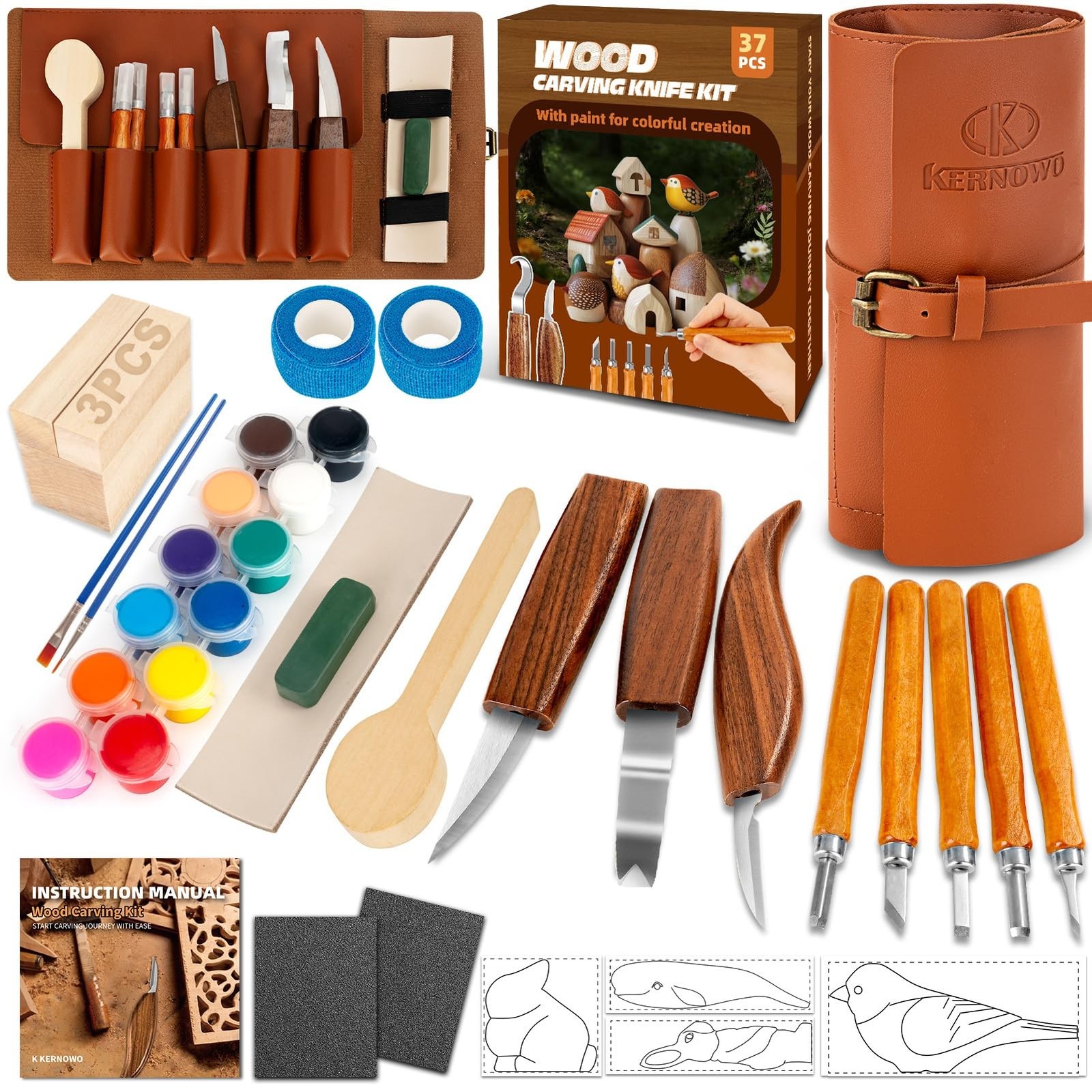 Wood Carving Kit, 37pcs Wood Carving Tools with 12 Color Paint, Wood Whittlin...