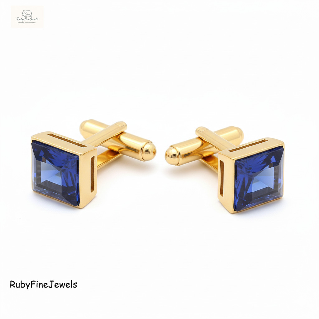 Luxury Blue Sapphire Crystal Gold Tone Square Brass Cufflinks Wedding Formal