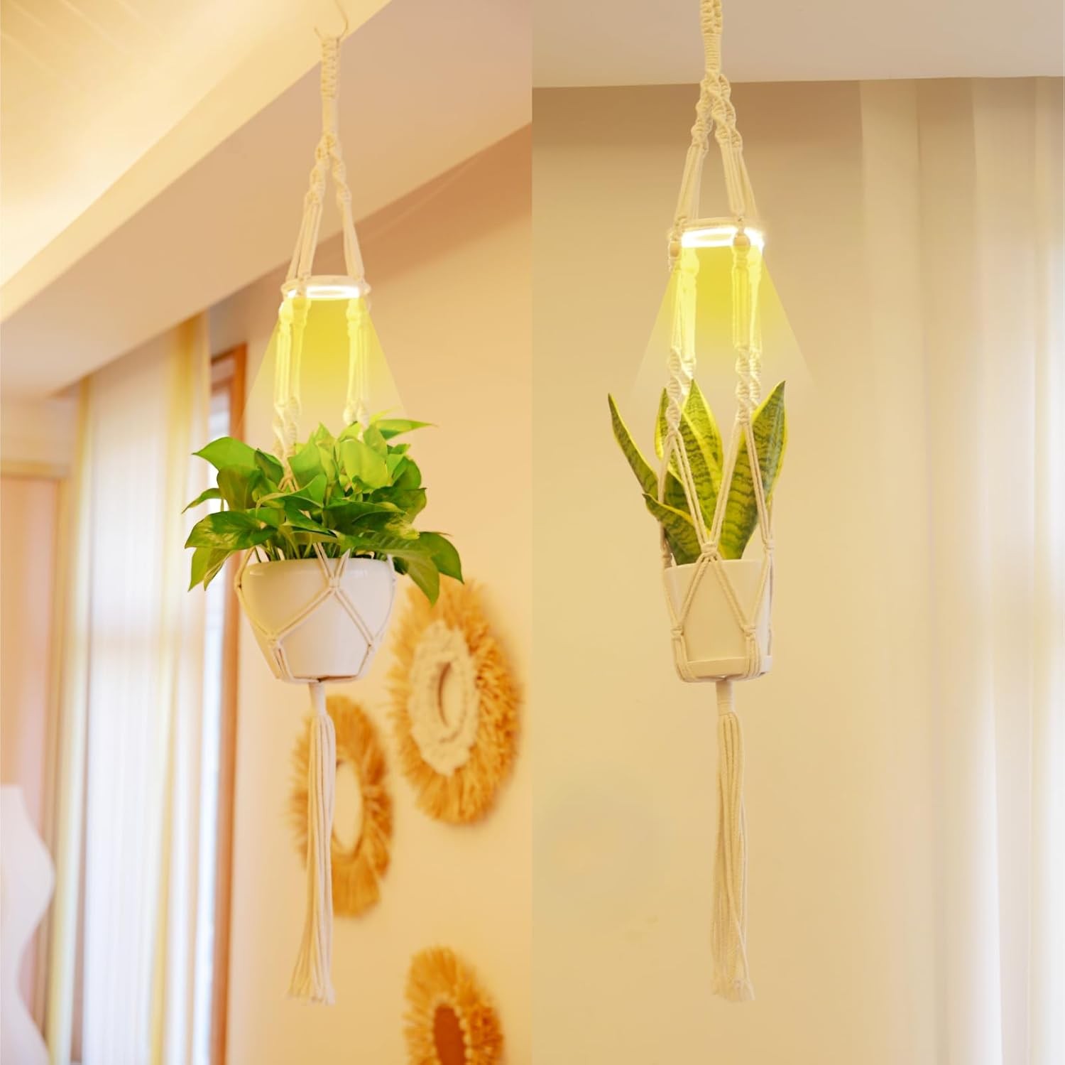 Macrame Plant Hanger with Grow Light: 2 Pack Sturdy Medium, Natural Ivory