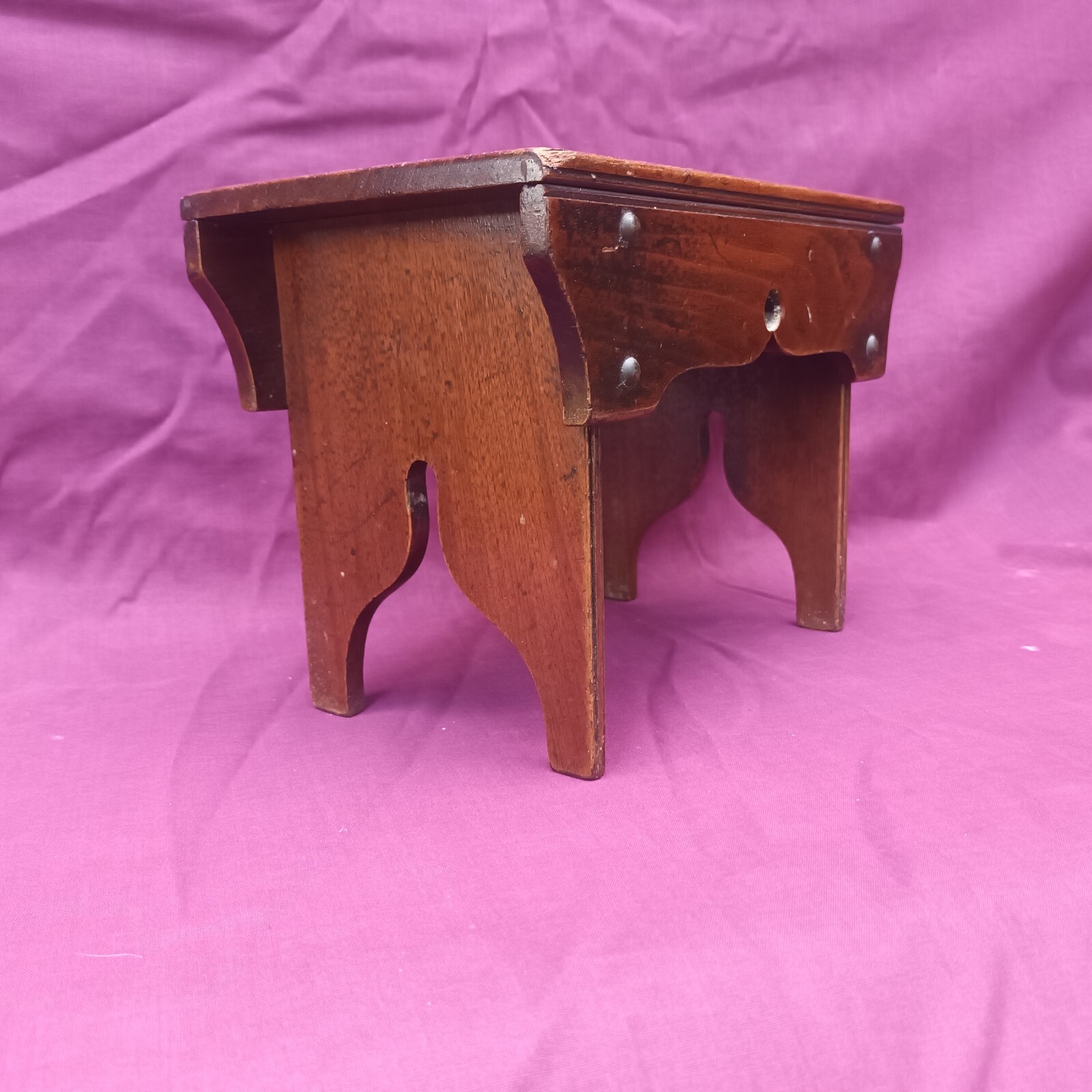 Small Antique Treen Studded Cracket style Stool marked 'E W'